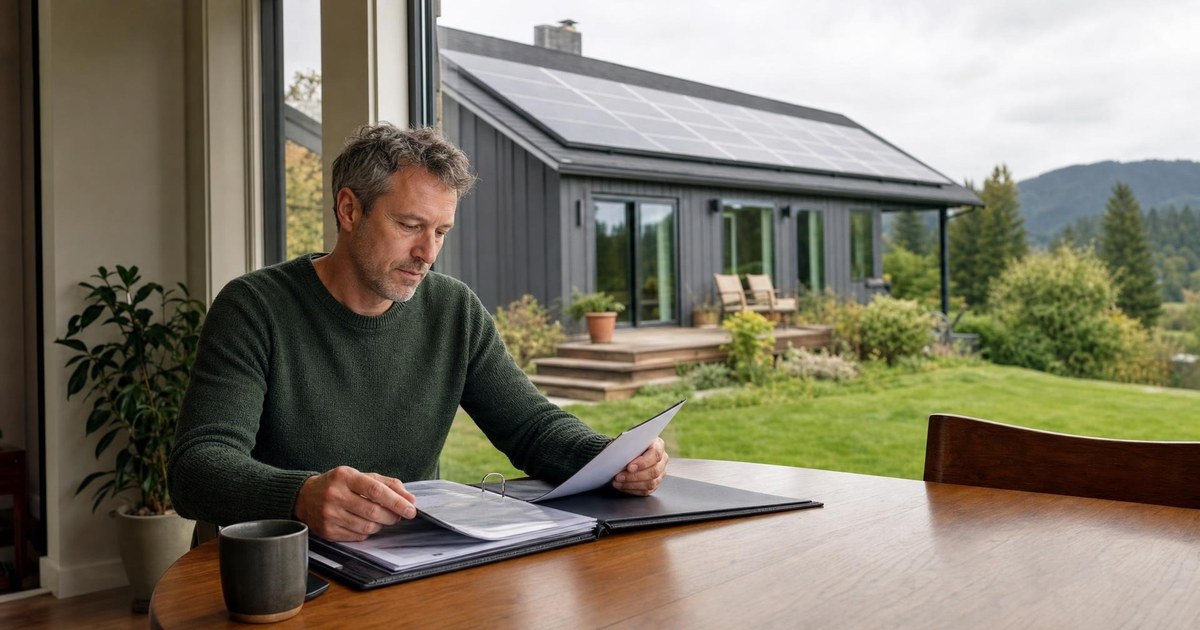 Oregon homeowner reviewing a solar proposal with rooftop panels visible outside.